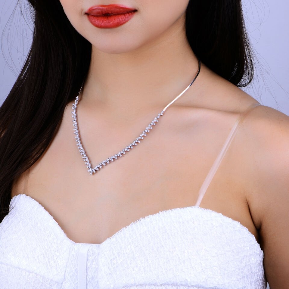 925 Ayar Gümüş Pırlanta Montür V Model Su Yolu Set