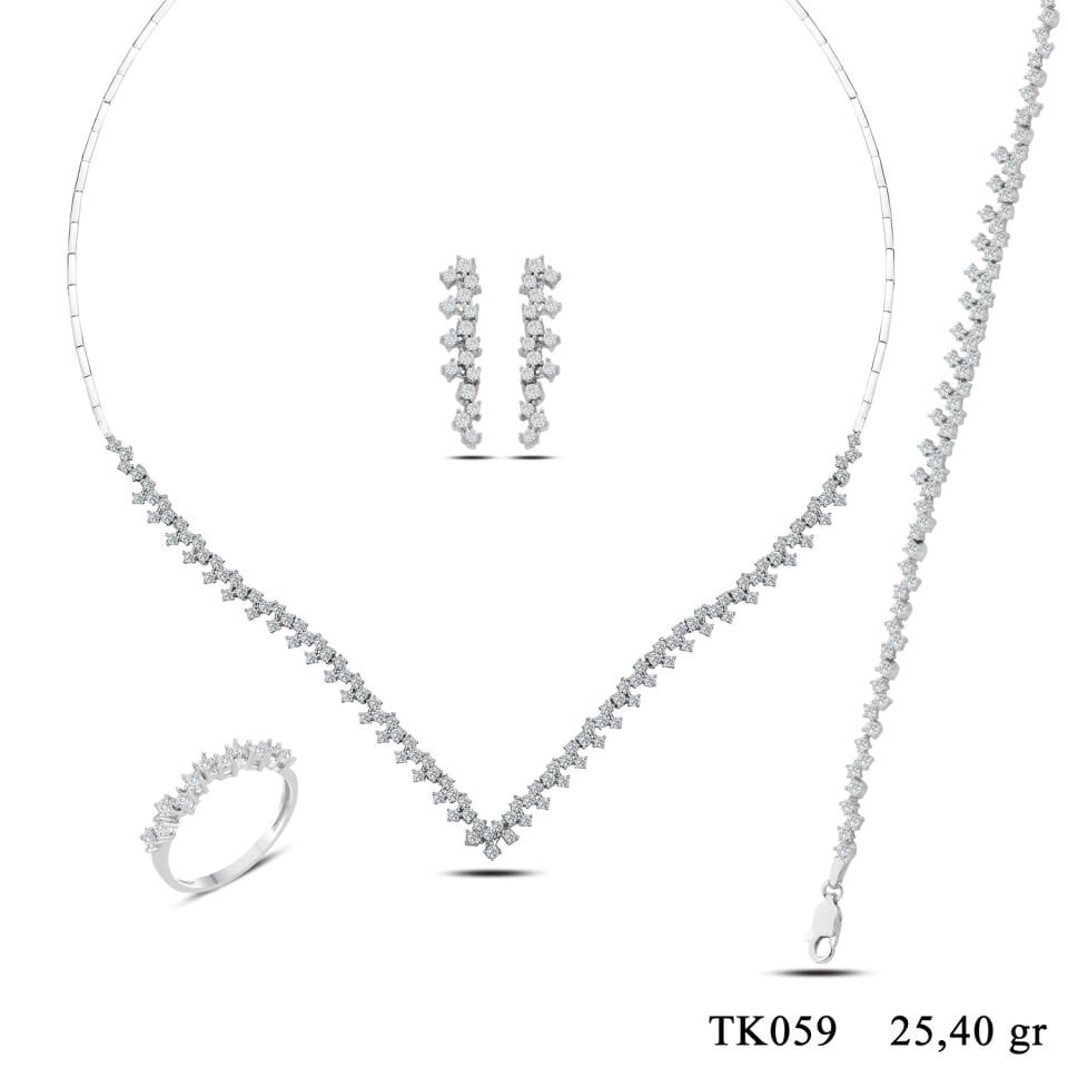 925 Ayar Gümüş Pırlanta Montür V Model Su Yolu Set