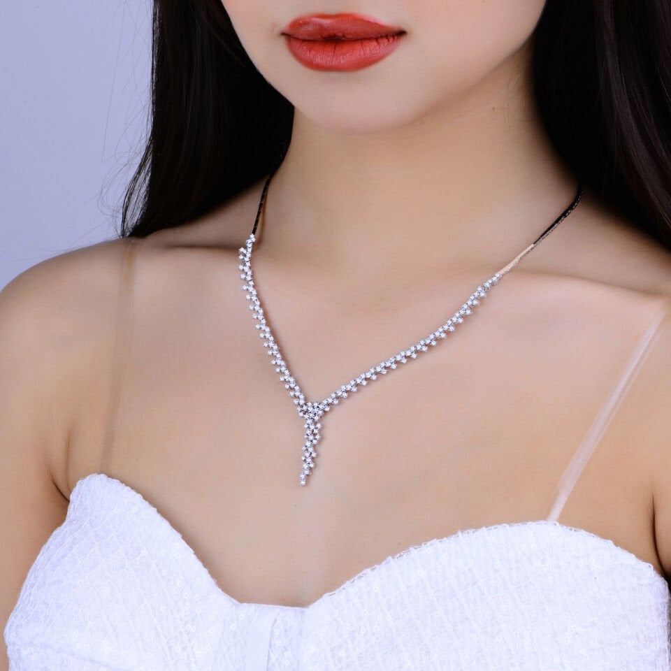 925 Ayar Gümüş Pırlanta Montür Kristal Taneli Salkım Su Yolu Set