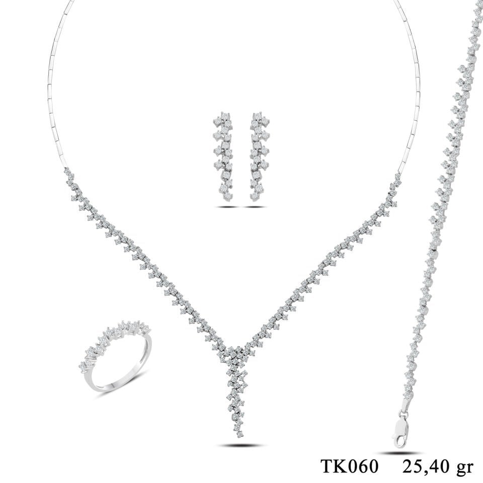 925 Ayar Gümüş Pırlanta Montür Kristal Taneli Salkım Su Yolu Set