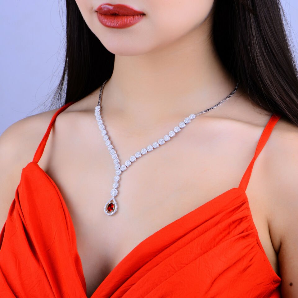 925 Ayar Gümüş Pırlanta Montür Damla Salkım Su Yolu Set KIRMIZI