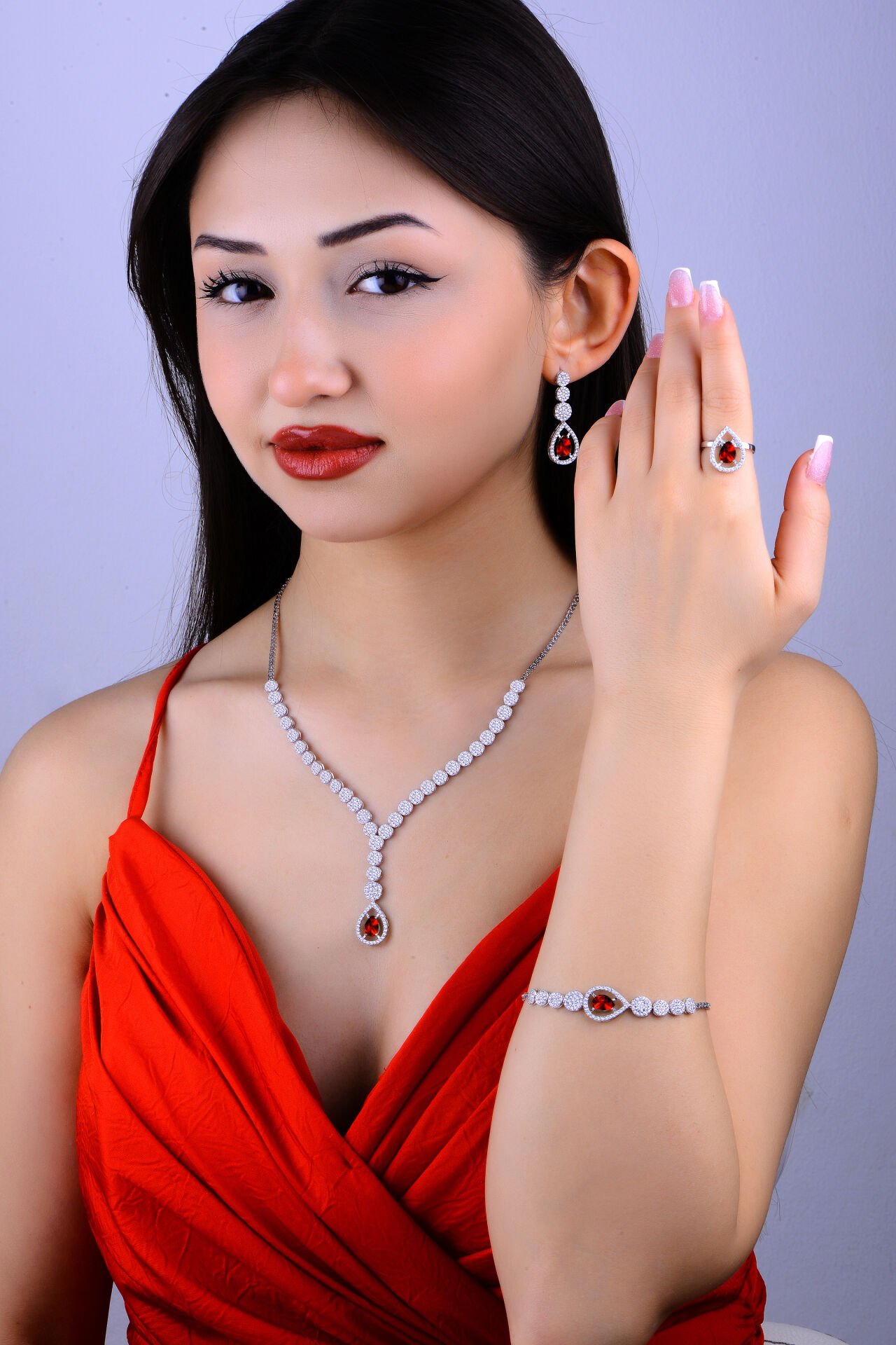 925 Ayar Gümüş Pırlanta Montür Damla Salkım Su Yolu Set KIRMIZI