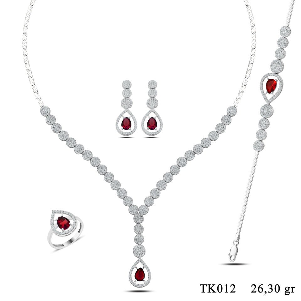 925 Ayar Gümüş Pırlanta Montür Damla Salkım Su Yolu Set KIRMIZI