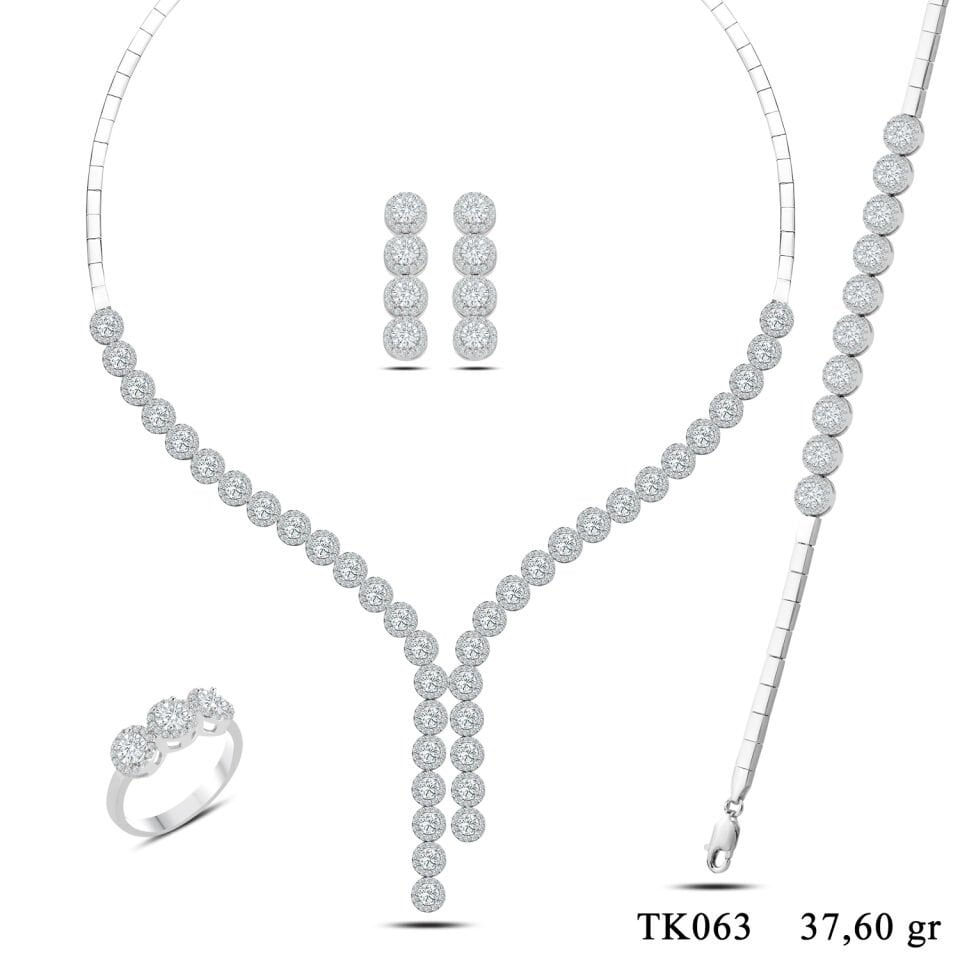 925 Ayar Gümüş 4 MM Taşlı Pırlanta Montür Çift Salkım Su Yolu Set