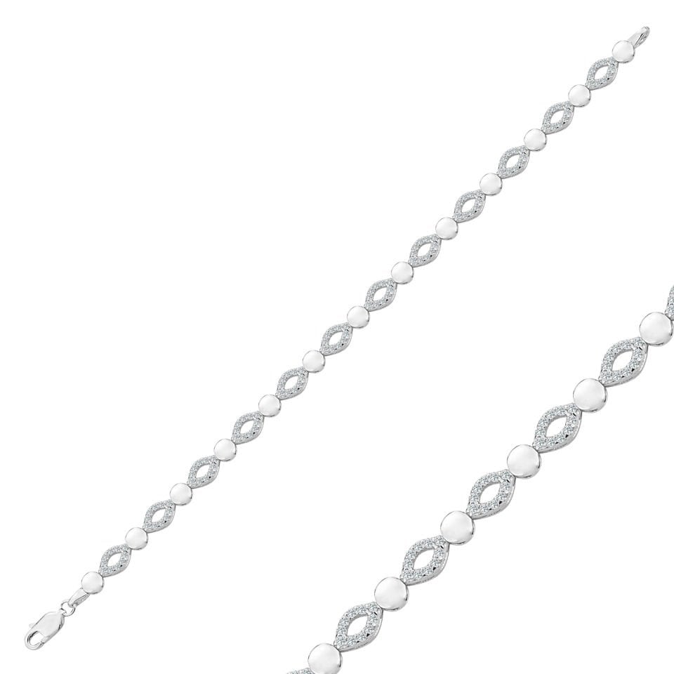 925 Ayar Gümüş Pırlanta Montürlü  Zincir Harfli Su Yolu Bileklik