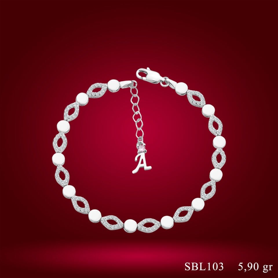 925 Ayar Gümüş Pırlanta Montürlü  Zincir Harfli Su Yolu Bileklik