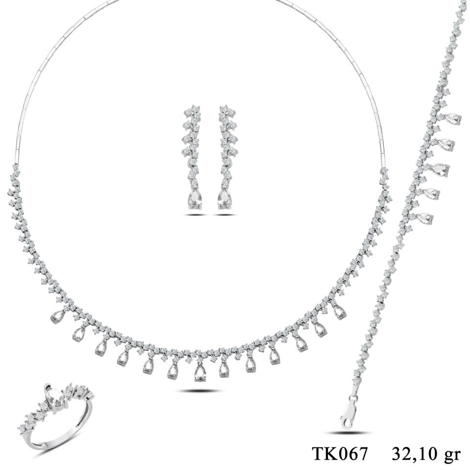 925 Ayar Gümüş Pırlanta Montür Sıralı Damla Taşlı Tam Tur Su Yolu Set BEYAZ
