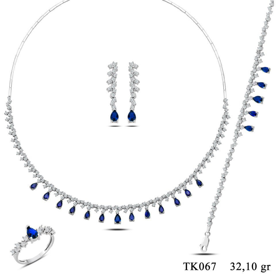 925 Ayar Gümüş Pırlanta Montür Sıralı Damla Taşlı Tam Tur Su Yolu Set MAVİ