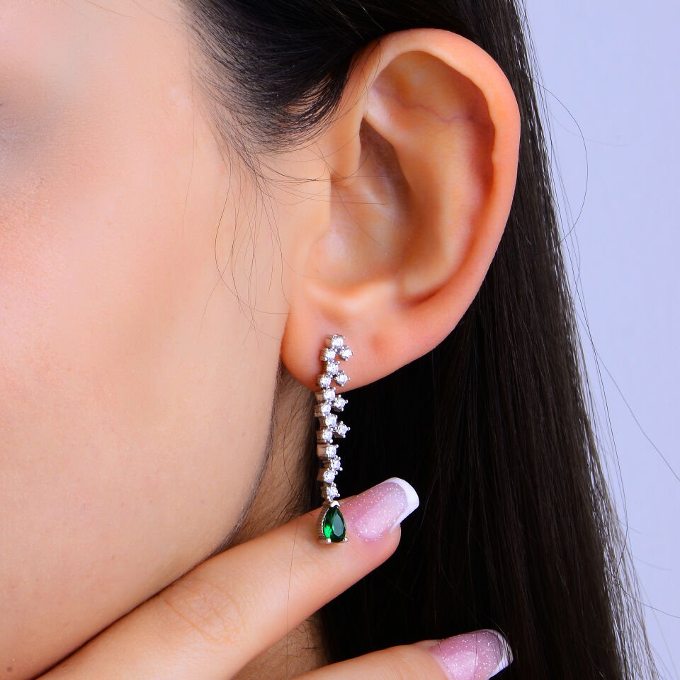 925 Ayar Gümüş Pırlanta Montür Sıralı Damla Taşlı Tam Tur Su Yolu Set YEŞİL