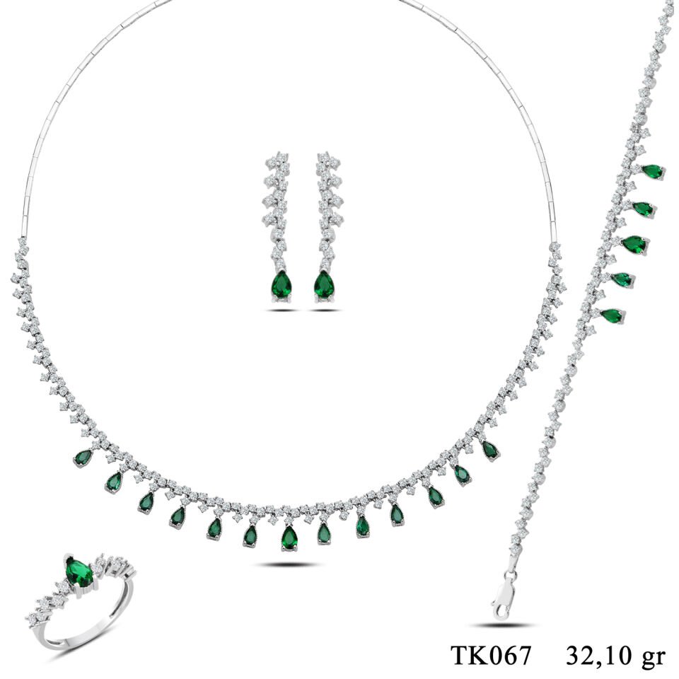 925 Ayar Gümüş Pırlanta Montür Sıralı Damla Taşlı Tam Tur Su Yolu Set YEŞİL