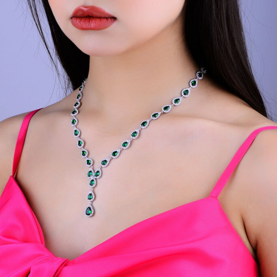 925 Ayar Gümüş Ful Damla Taşlı Salkım Su Yolu Set YEŞİL