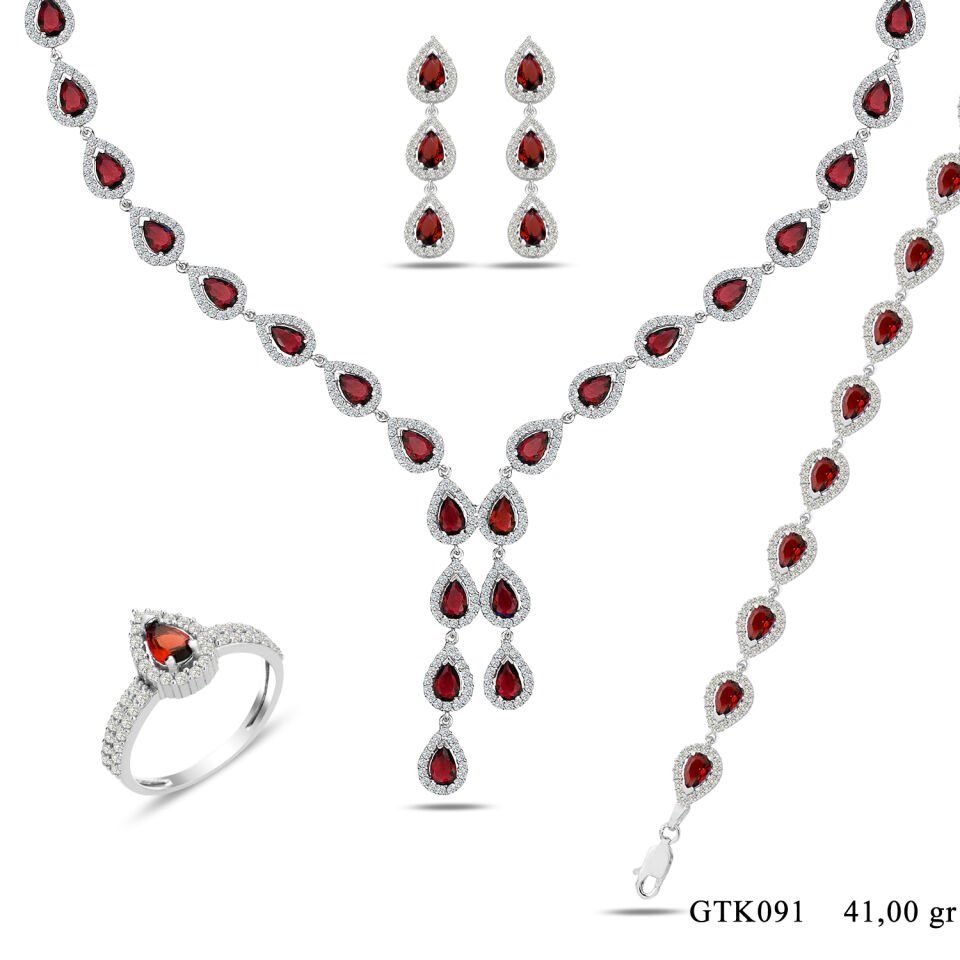 925 Ayar Gümüş Ful Mavi Damla Taşlı Çift Salkım Su Yolu Set KIRMIZI
