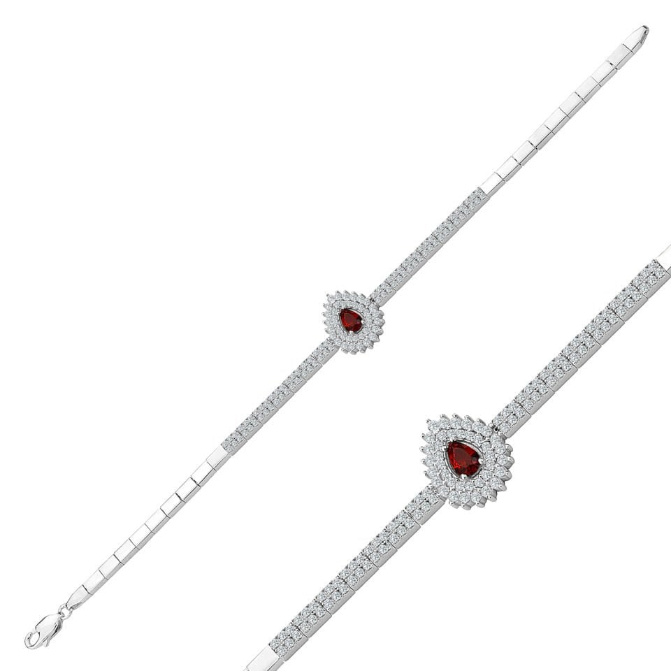 925 Ayar Gümüş 2 Sıra Hürrem Kırmızı Damla Taşlı Harfli Su Yolu Bileklik