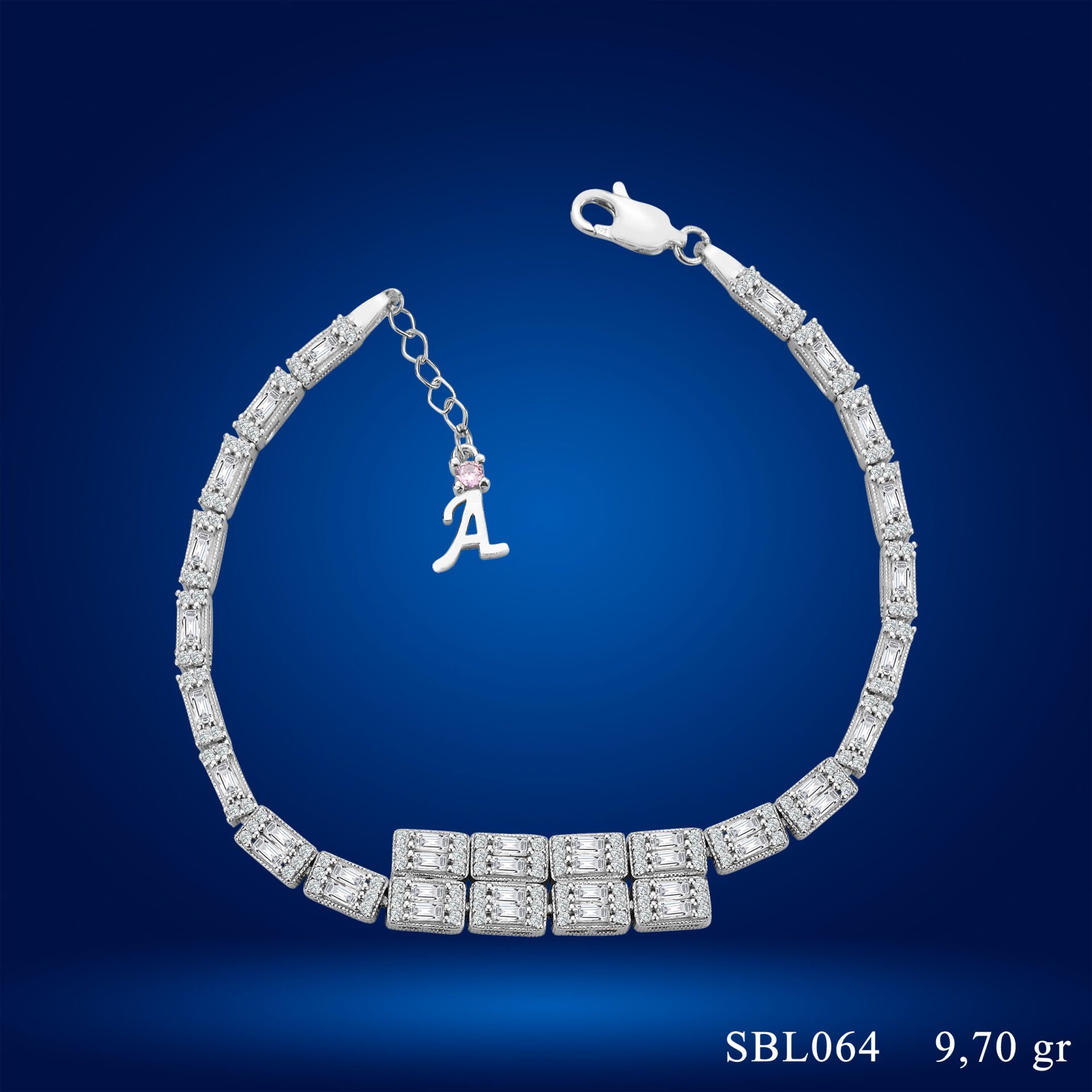 925 Ayar Gümüş Ful Baget Zincir Harfli Su Yolu Bileklik