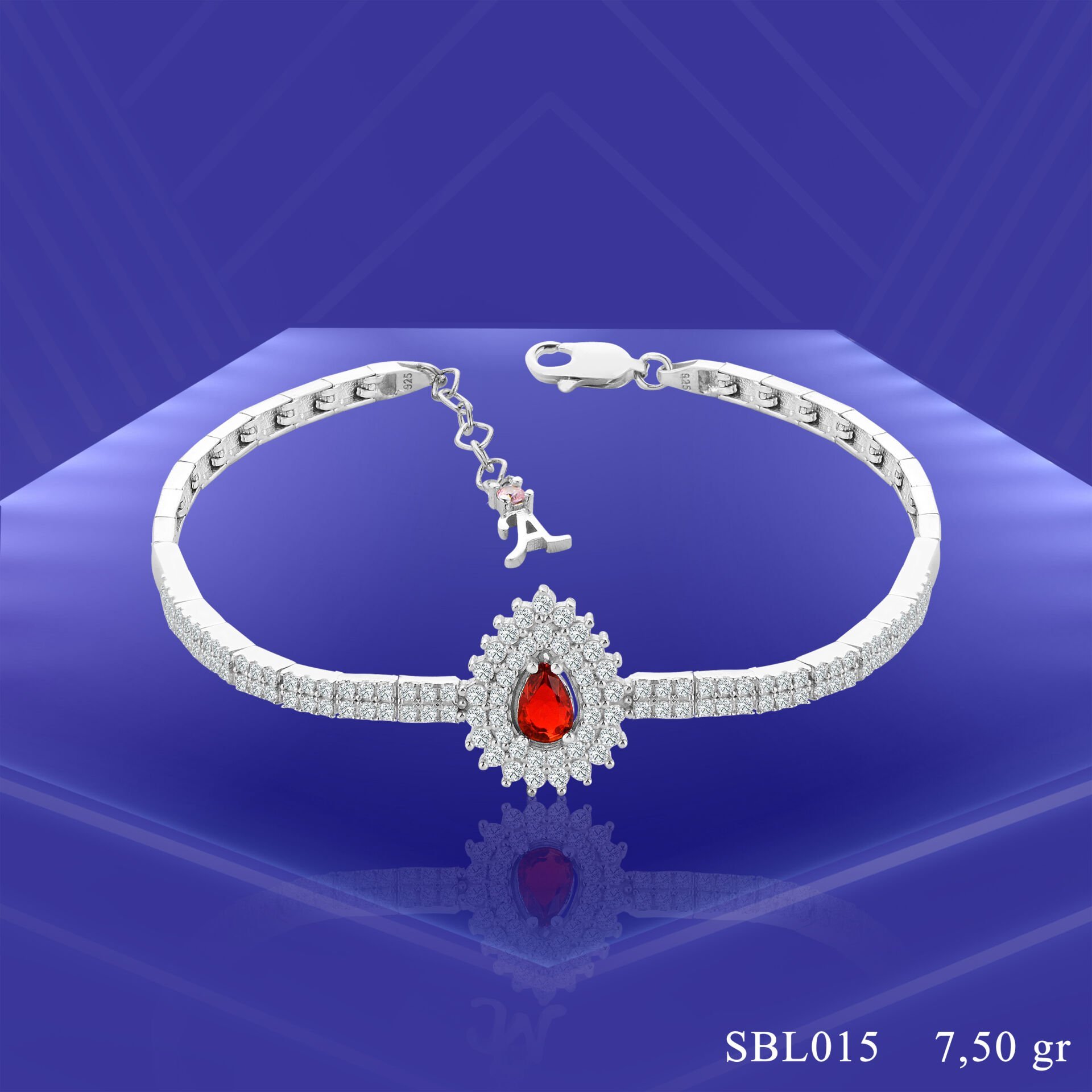 925 Ayar Gümüş 2 Sıra Hürrem Kırmızı Damla Taşlı Harfli Su Yolu Bileklik