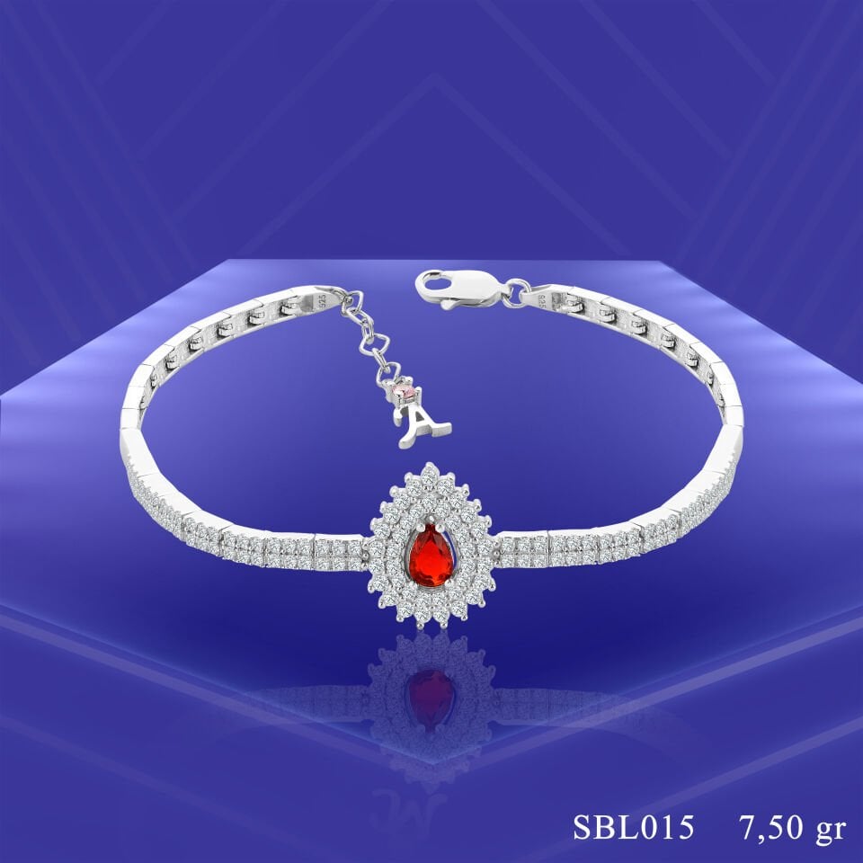 925 Ayar Gümüş 2 Sıra Hürrem Kırmızı Damla Taşlı Harfli Su Yolu Bileklik