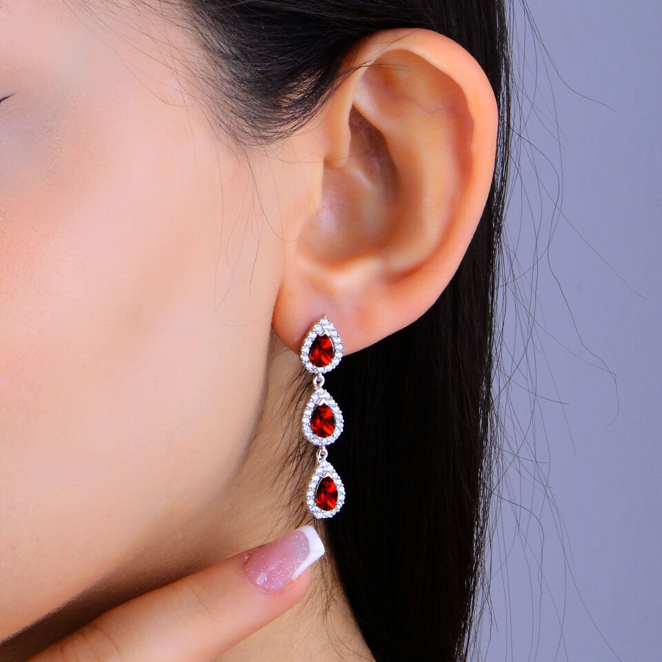 925 Ayar Gümüş Ful Mavi Damla Taşlı Çift Salkım Su Yolu Set KIRMIZI