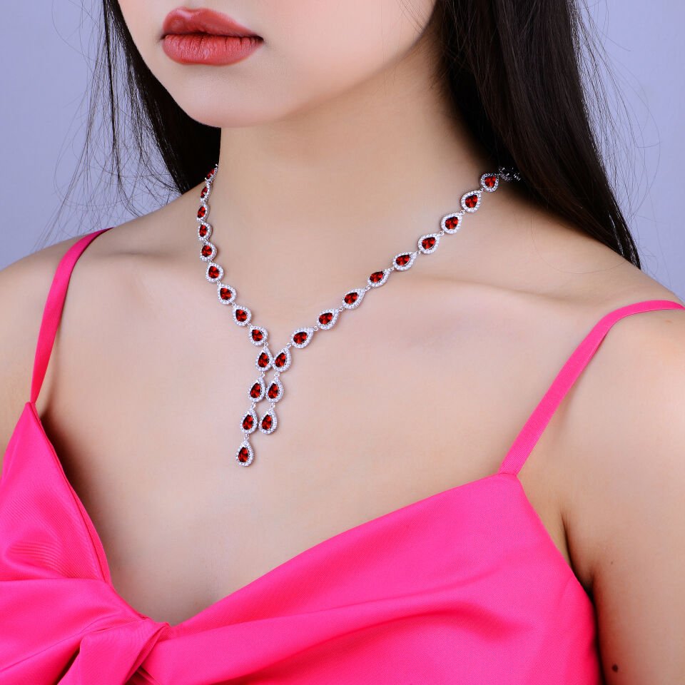 925 Ayar Gümüş Ful Mavi Damla Taşlı Çift Salkım Su Yolu Set KIRMIZI