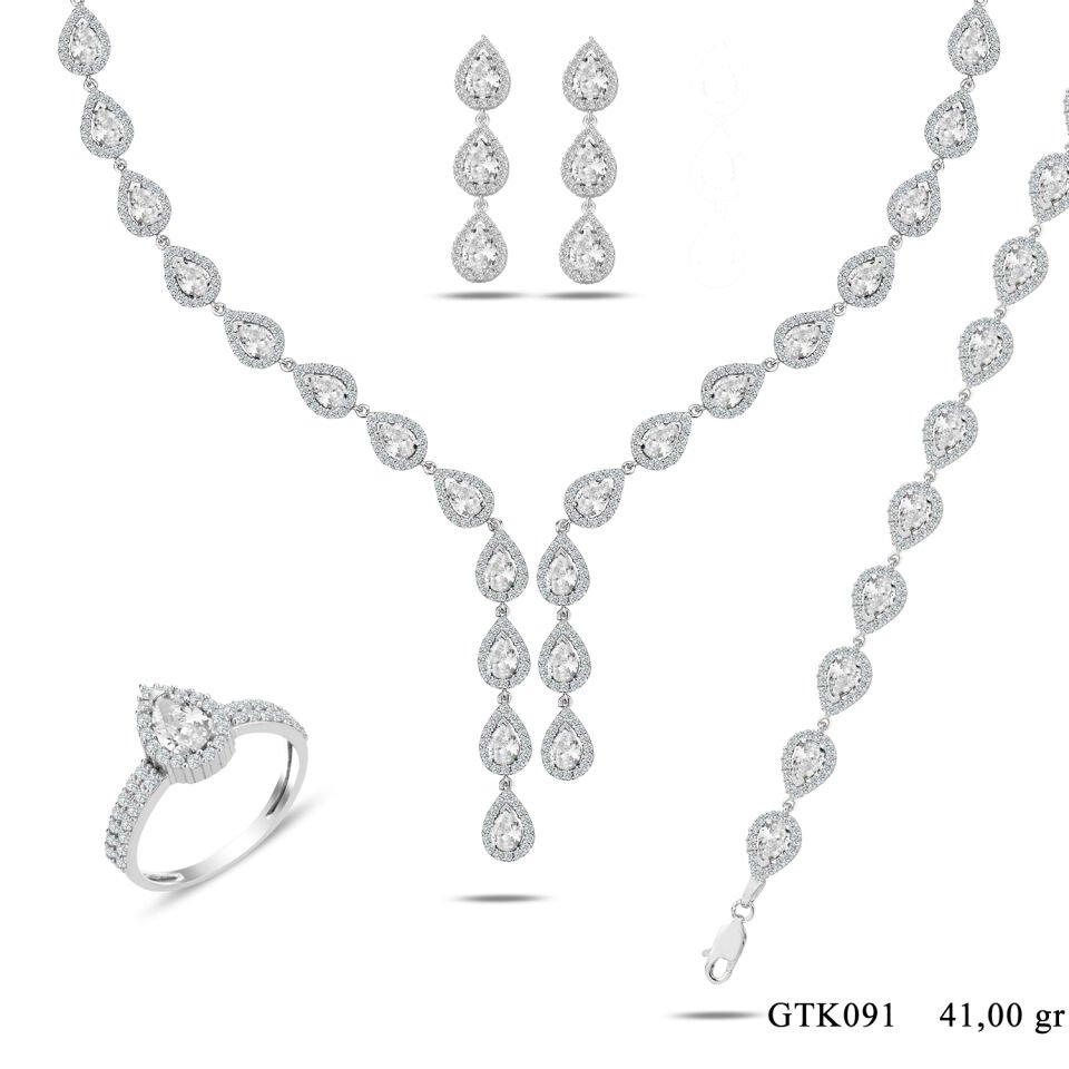 925 Ayar Gümüş Ful Mavi Damla Taşlı Çift Salkım Su Yolu Set BEYAZ