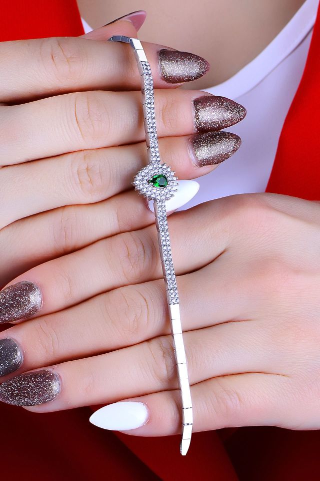 925 Ayar Gümüş 2 Sıra Yeşil V Hürrem Model Su Yolu Set