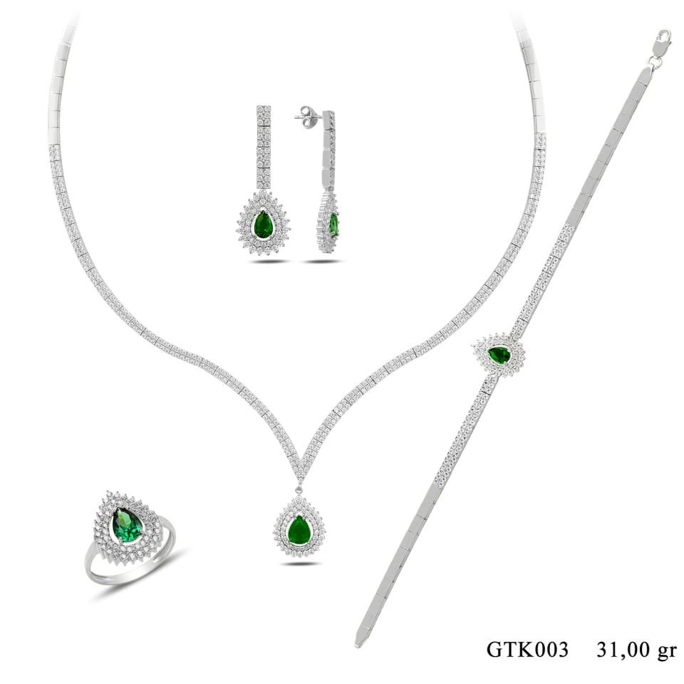 925 Ayar Gümüş 2 Sıra Yeşil V Hürrem Model Su Yolu Set