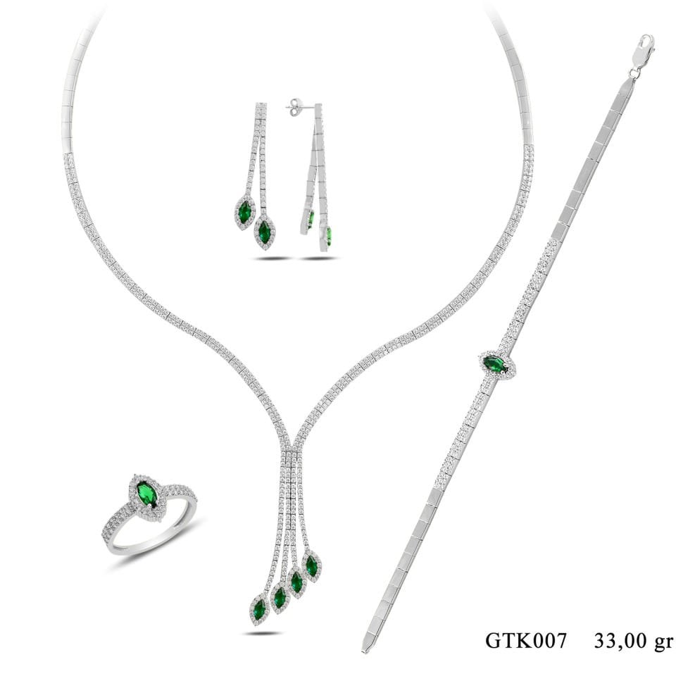 925 Ayar Gümüş 2 Sıra Salkım Mekik Zümrüt Yeşili Taşlı Su Yolu Set