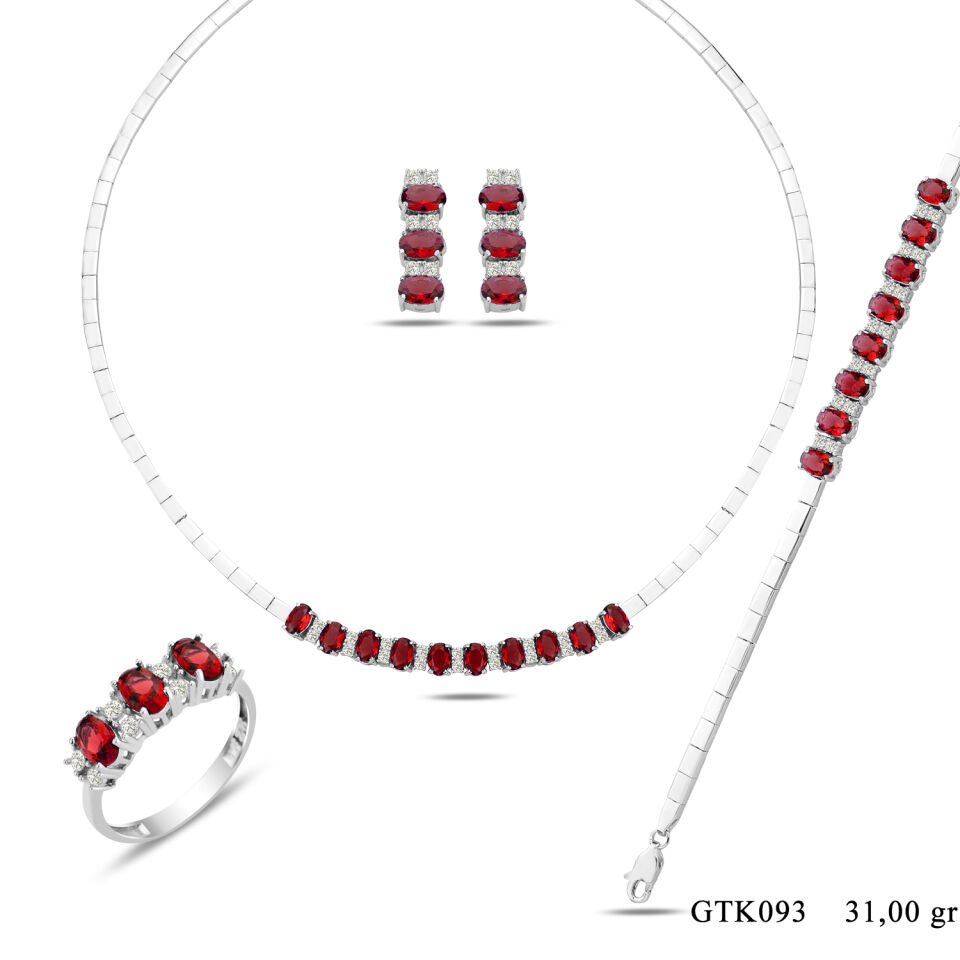 925 Ayar Gümüş 6/4 MM Zümrüt Yeşili Taşlı Tam Tur Su Yolu Set KIRMIZI