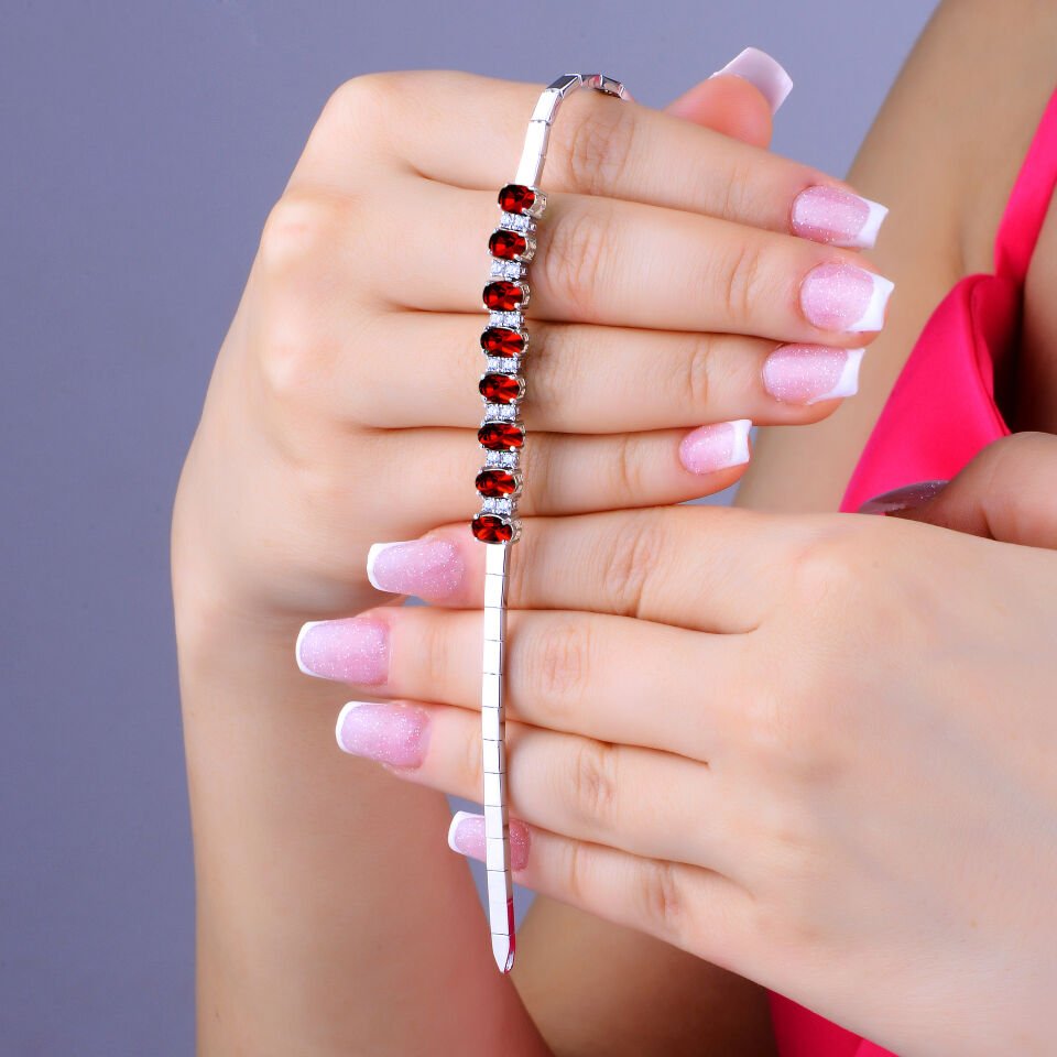 925 Ayar Gümüş 6/4 MM Zümrüt Yeşili Taşlı Tam Tur Su Yolu Set KIRMIZI