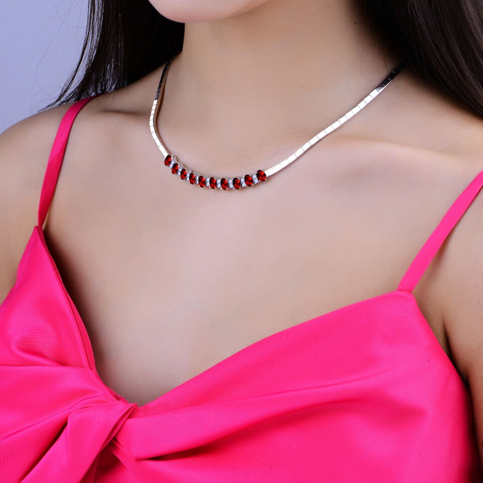 925 Ayar Gümüş 6/4 MM Zümrüt Yeşili Taşlı Tam Tur Su Yolu Set KIRMIZI