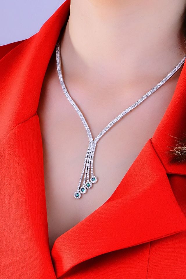 925 Ayar Gümüş 2 Sıra Salkım Yeşil Tek Taş Su Yolu Set