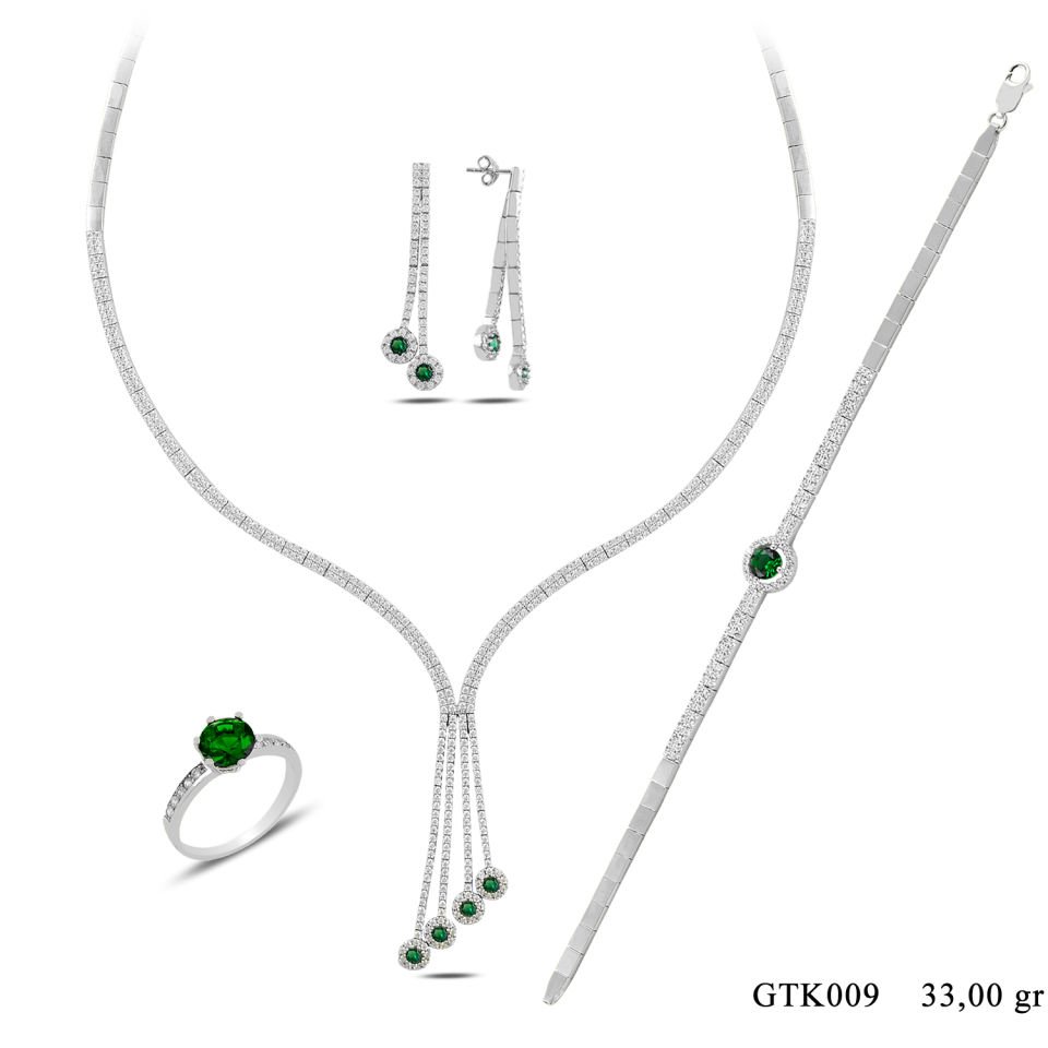 925 Ayar Gümüş 2 Sıra Salkım Yeşil Tek Taş Su Yolu Set