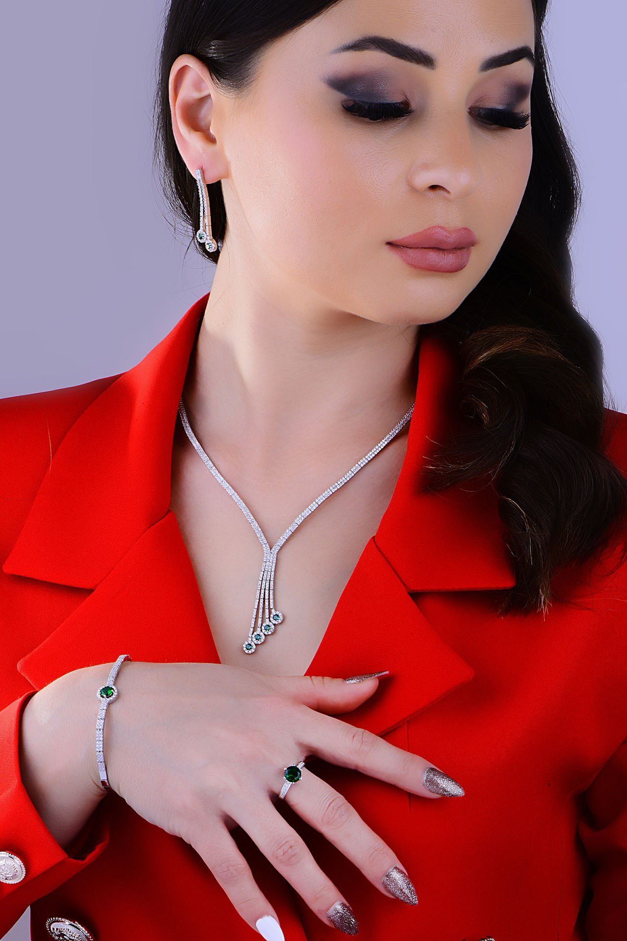 925 Ayar Gümüş 2 Sıra Salkım Yeşil Tek Taş Su Yolu Set