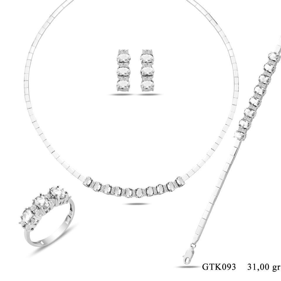 925 Ayar Gümüş 6/4 MM Zümrüt Yeşili Taşlı Tam Tur Su Yolu Set BEYAZ