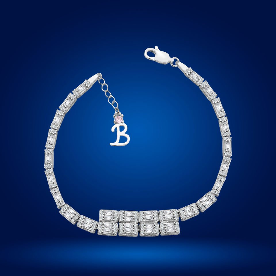 925 Ayar Gümüş Ful Baget Zincir Harfli Su Yolu Bileklik B