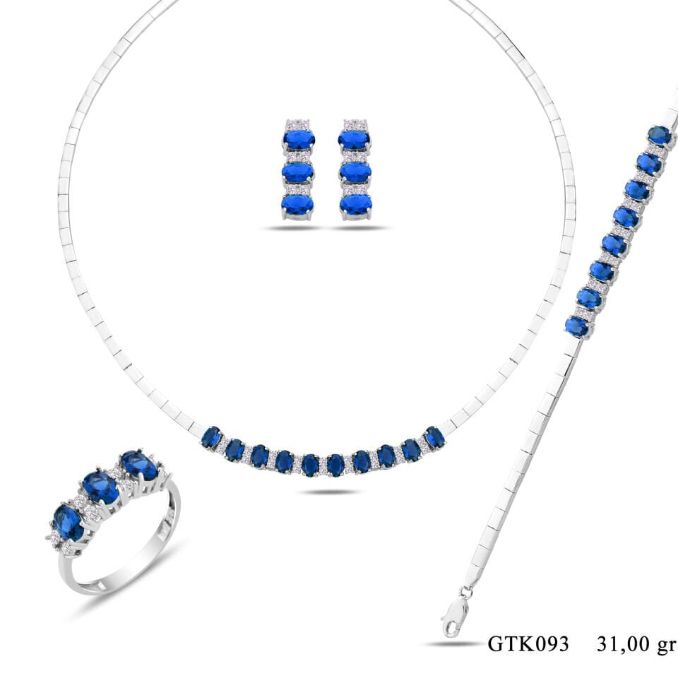 925 Ayar Gümüş 6/4 MM Zümrüt Yeşili Taşlı Tam Tur Su Yolu Set MAVİ