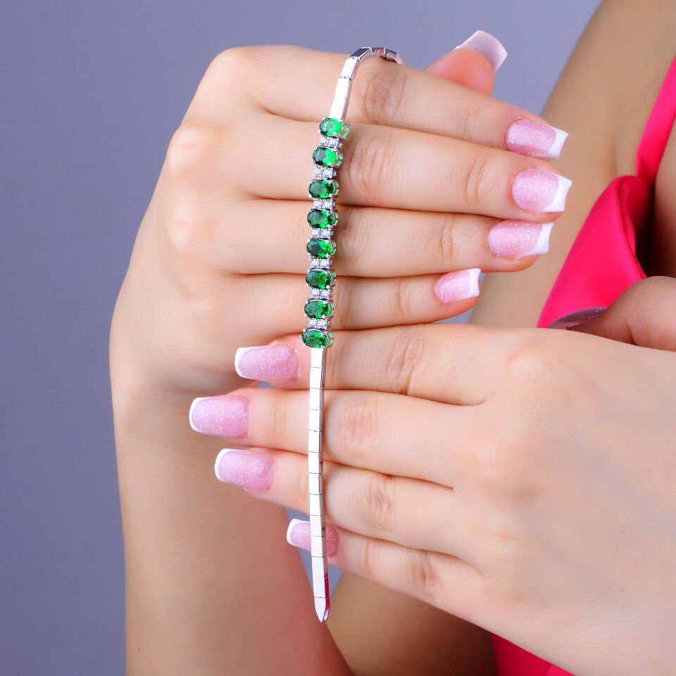 925 Ayar Gümüş 6/4 MM Zümrüt Yeşili Taşlı Tam Tur Su Yolu Set YEŞİL