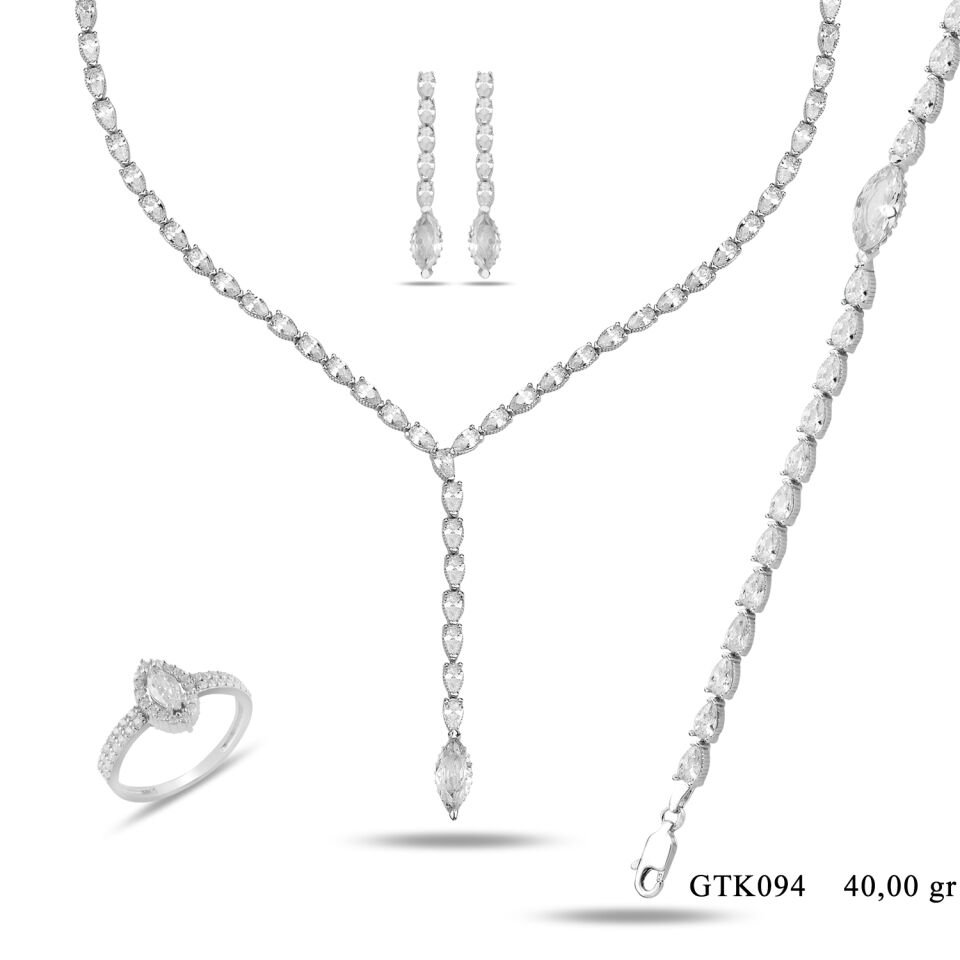 925 Ayar Gümüş Ful Yeşil Beyaz Damla Taşlı Salkım Su Yolu Set BEYAZ