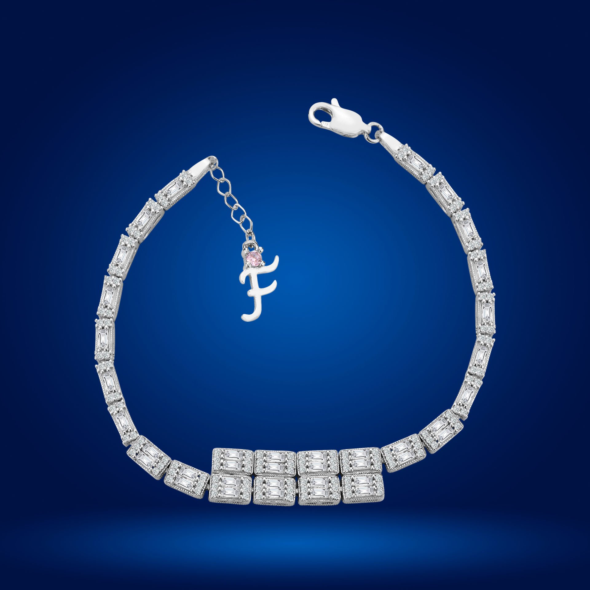 925 Ayar Gümüş Ful Baget Zincir Harfli Su Yolu Bileklik F