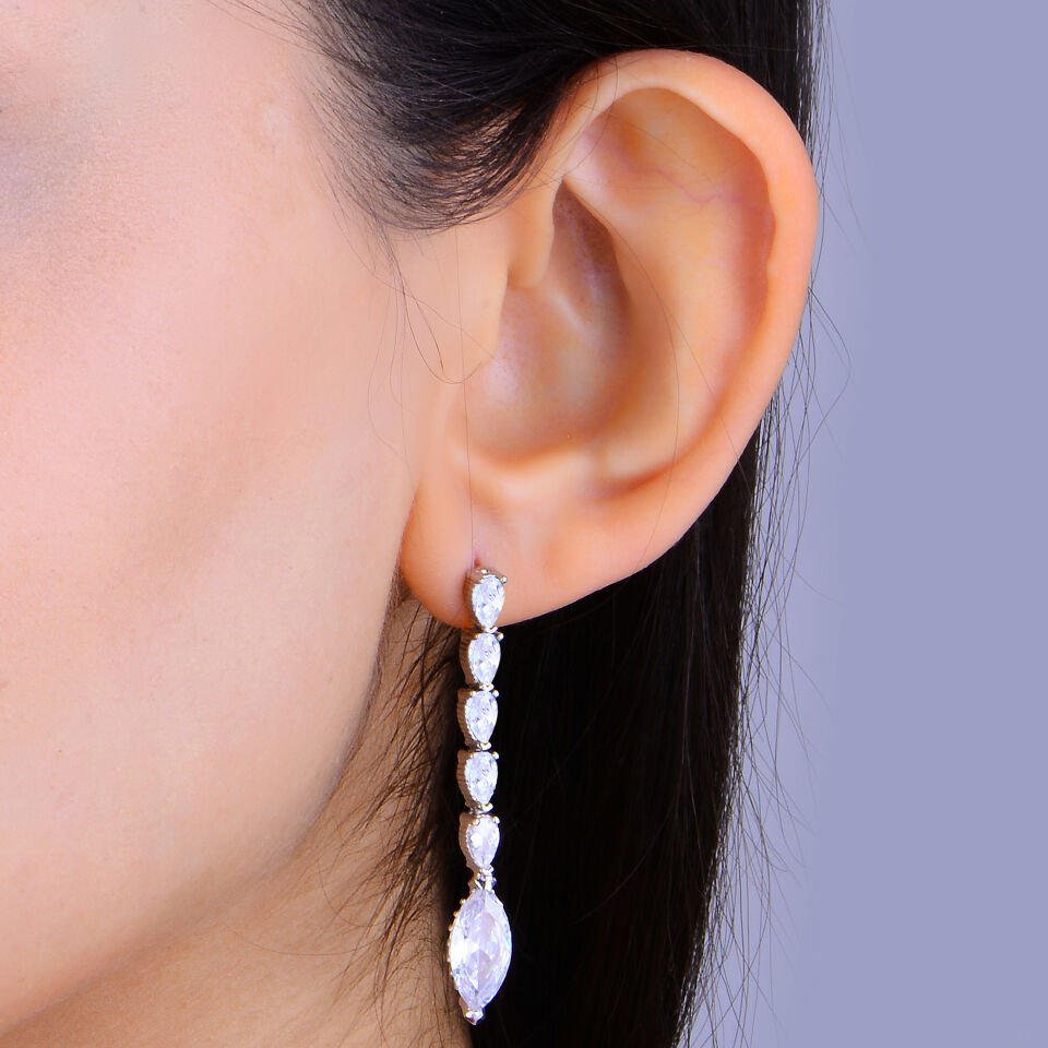 925 Ayar Gümüş Ful Yeşil Beyaz Damla Taşlı Salkım Su Yolu Set BEYAZ