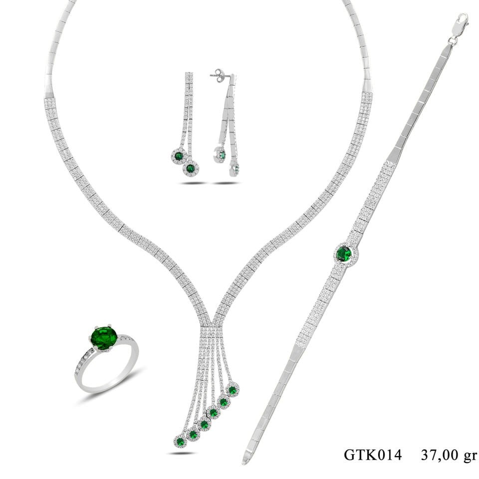 925 Ayar Gümüş 3 Sıra Salkım Yeşil Tek Taş Su Yolu Set