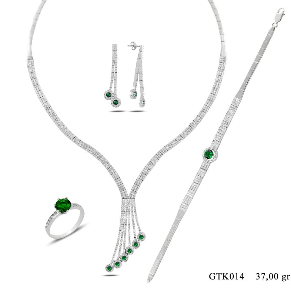 925 Ayar Gümüş 3 Sıra Salkım Yeşil Tek Taş Su Yolu Set