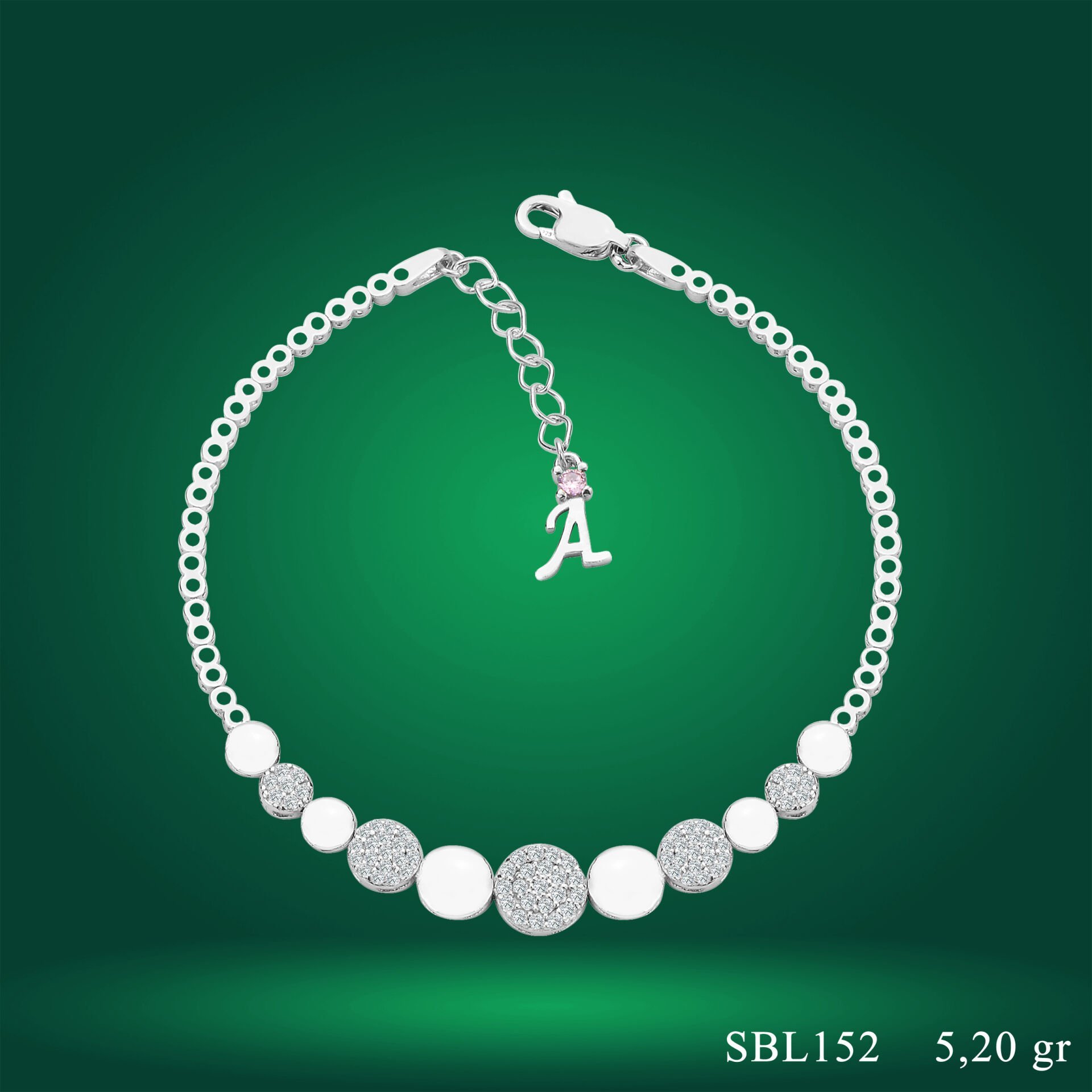 925 Ayar Gümüş Pırlanta Montürlü Zincir Harfli Su Yolu Bileklik