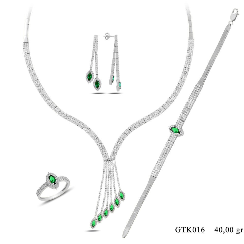 BARIŞ TAKI 925 Ayar Gümüş 3 Sıra Salkım Mekik Zümrüt Yeşili Taşlı Su Yolu Set