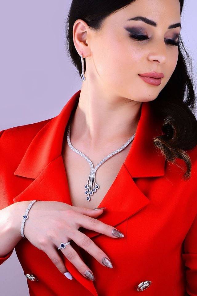 925 Ayar Gümüş 3 Sıra Mavi Salkım Damla Taş Su Yolu Set