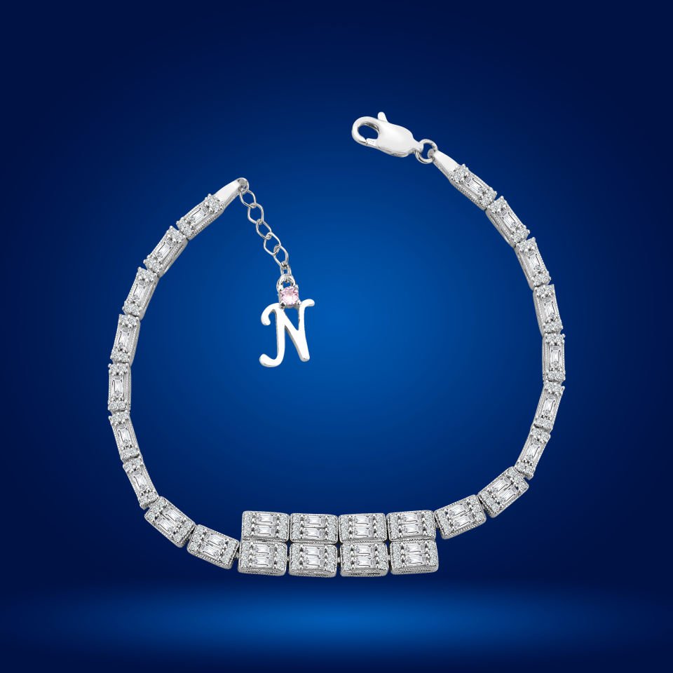 925 Ayar Gümüş Ful Baget Zincir Harfli Su Yolu Bileklik N