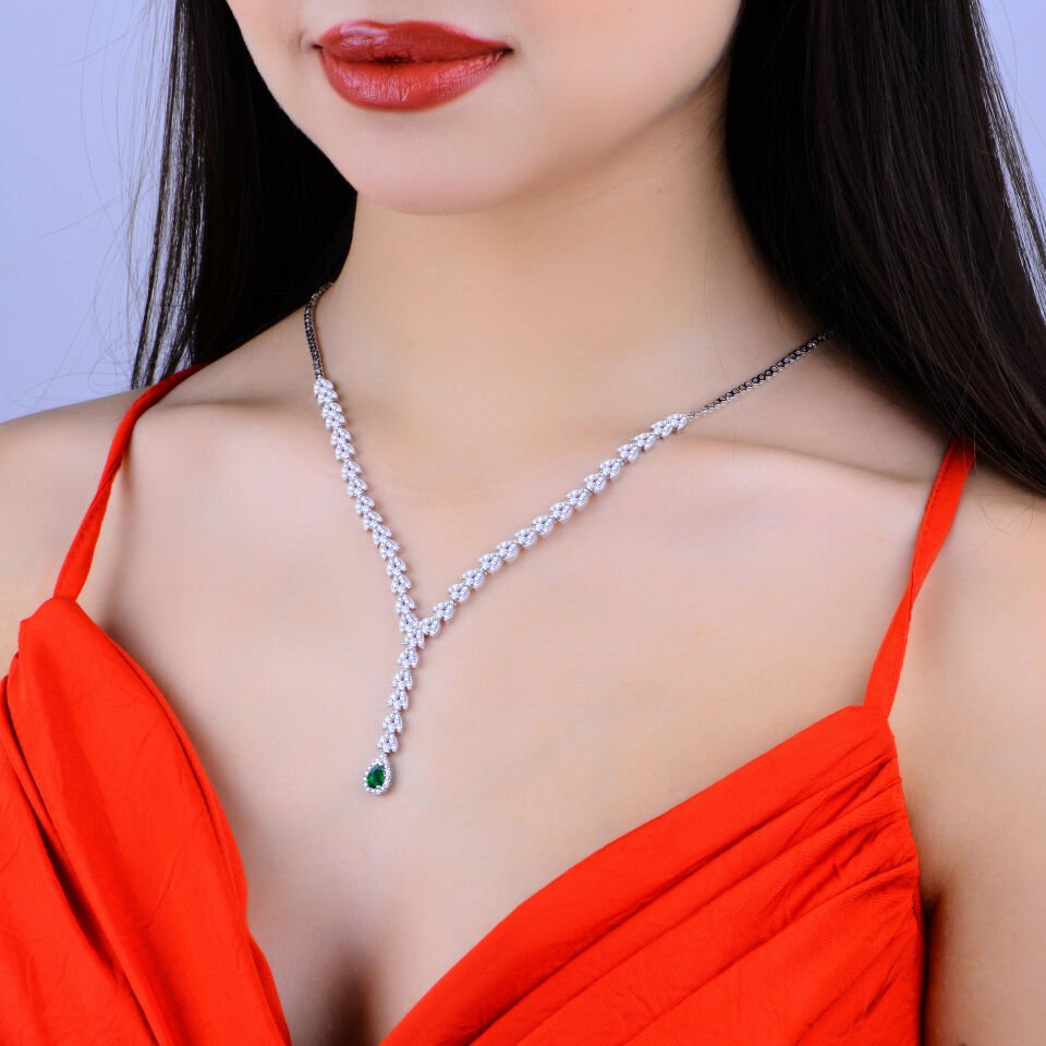 925 Ayar Gümüş Buğday Model Mavi Damla Taşlı Su Yolu Set YEŞİL