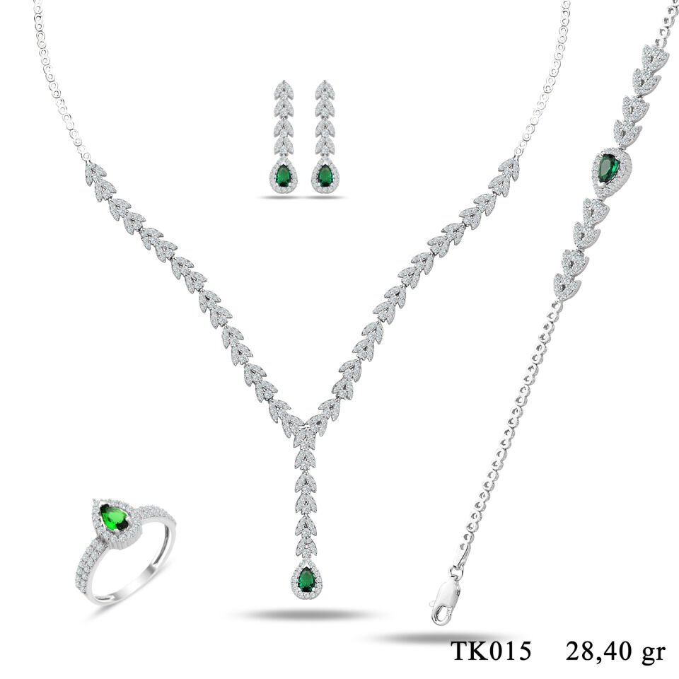 925 Ayar Gümüş Buğday Model Mavi Damla Taşlı Su Yolu Set YEŞİL