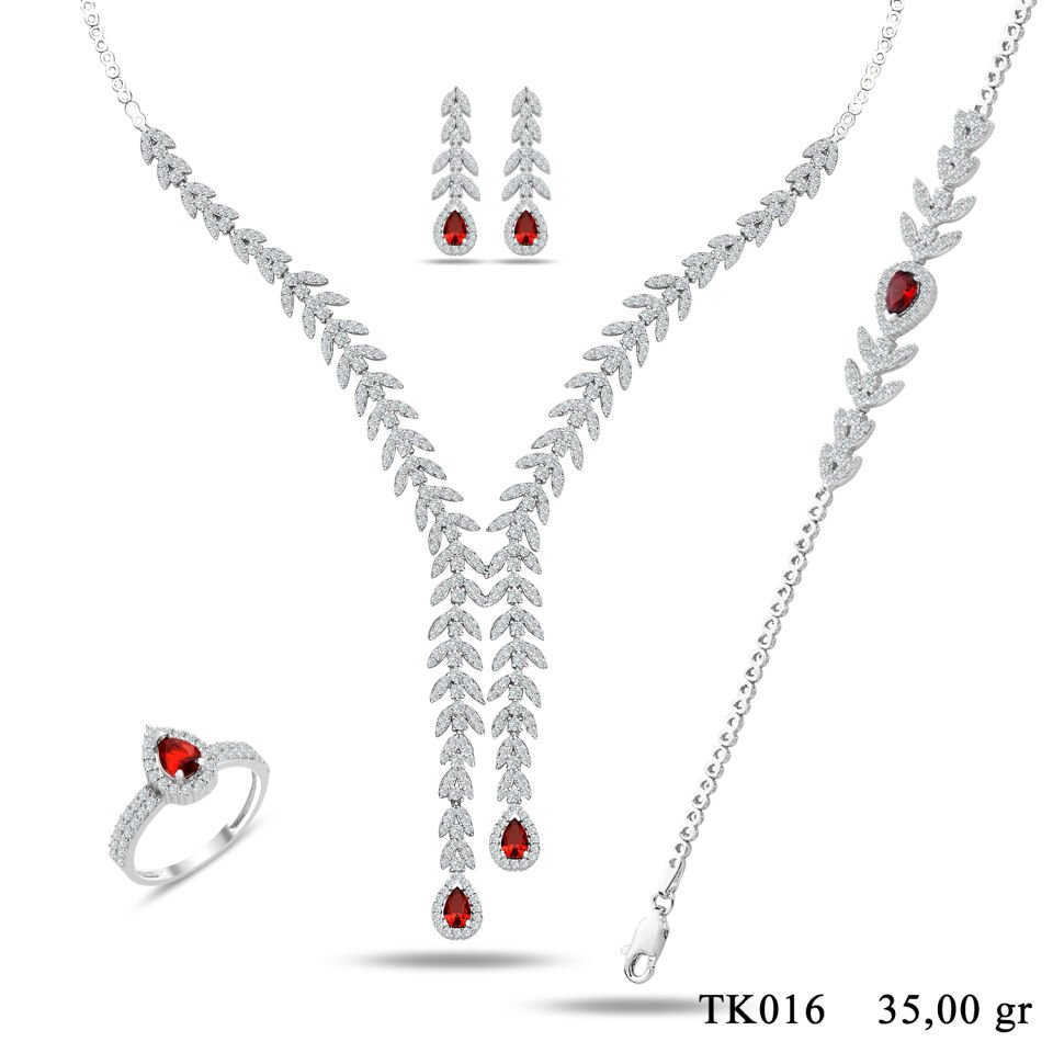 925 Ayar Gümüş Buğday Model Çift Salkım Damla Taşlı Su Yolu Set KIRMIZI