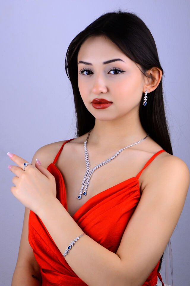 925 Ayar Gümüş Buğday Model Çift Salkım Damla Taşlı Su Yolu Set MAVİ