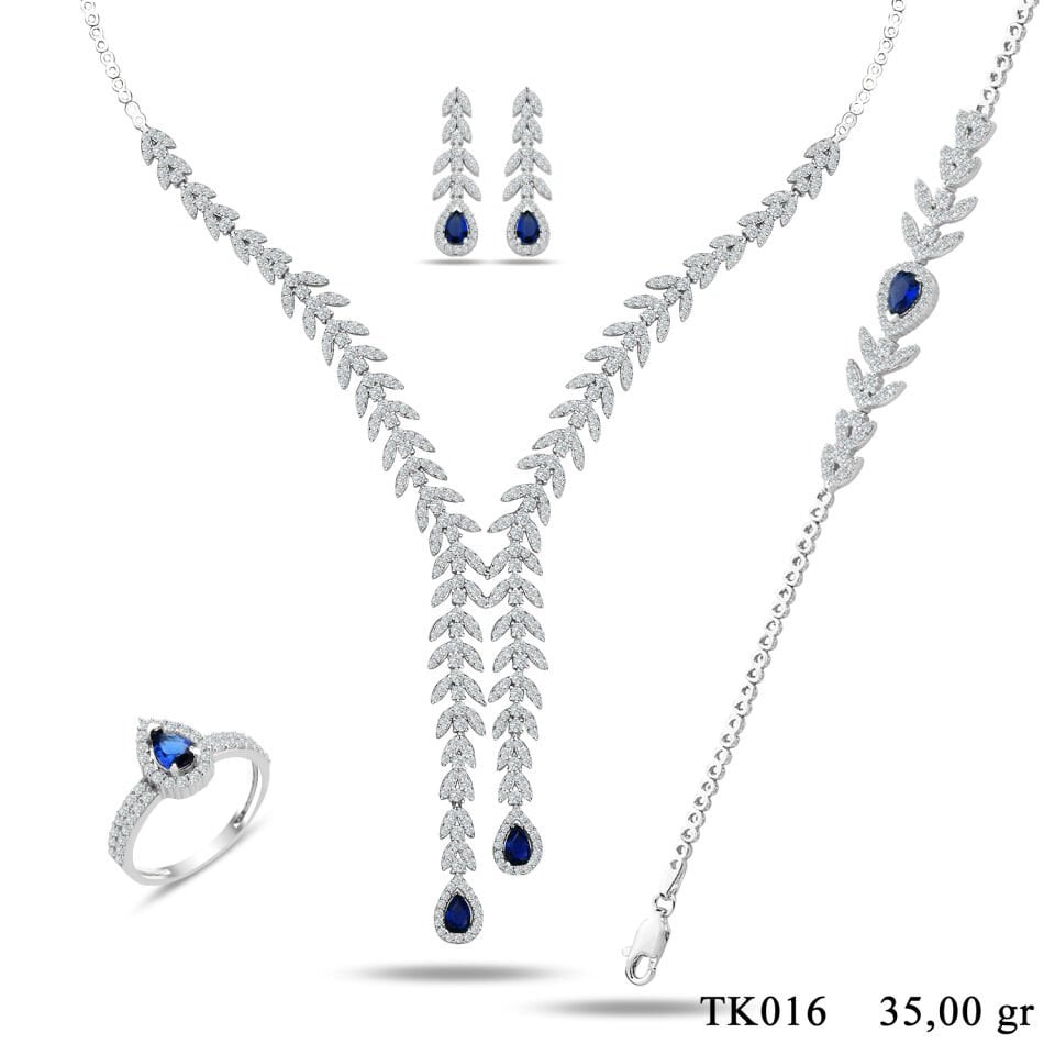 925 Ayar Gümüş Buğday Model Çift Salkım Damla Taşlı Su Yolu Set MAVİ